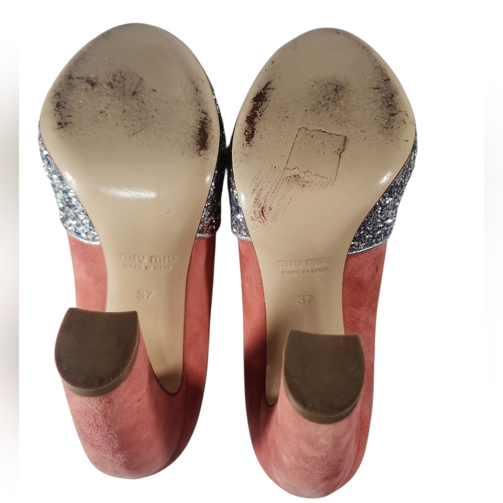 Miu Miu Silver Coral Coarse Glittery and Suede Peep Toe Pumps Heels. 37 - Picture 6 of 13